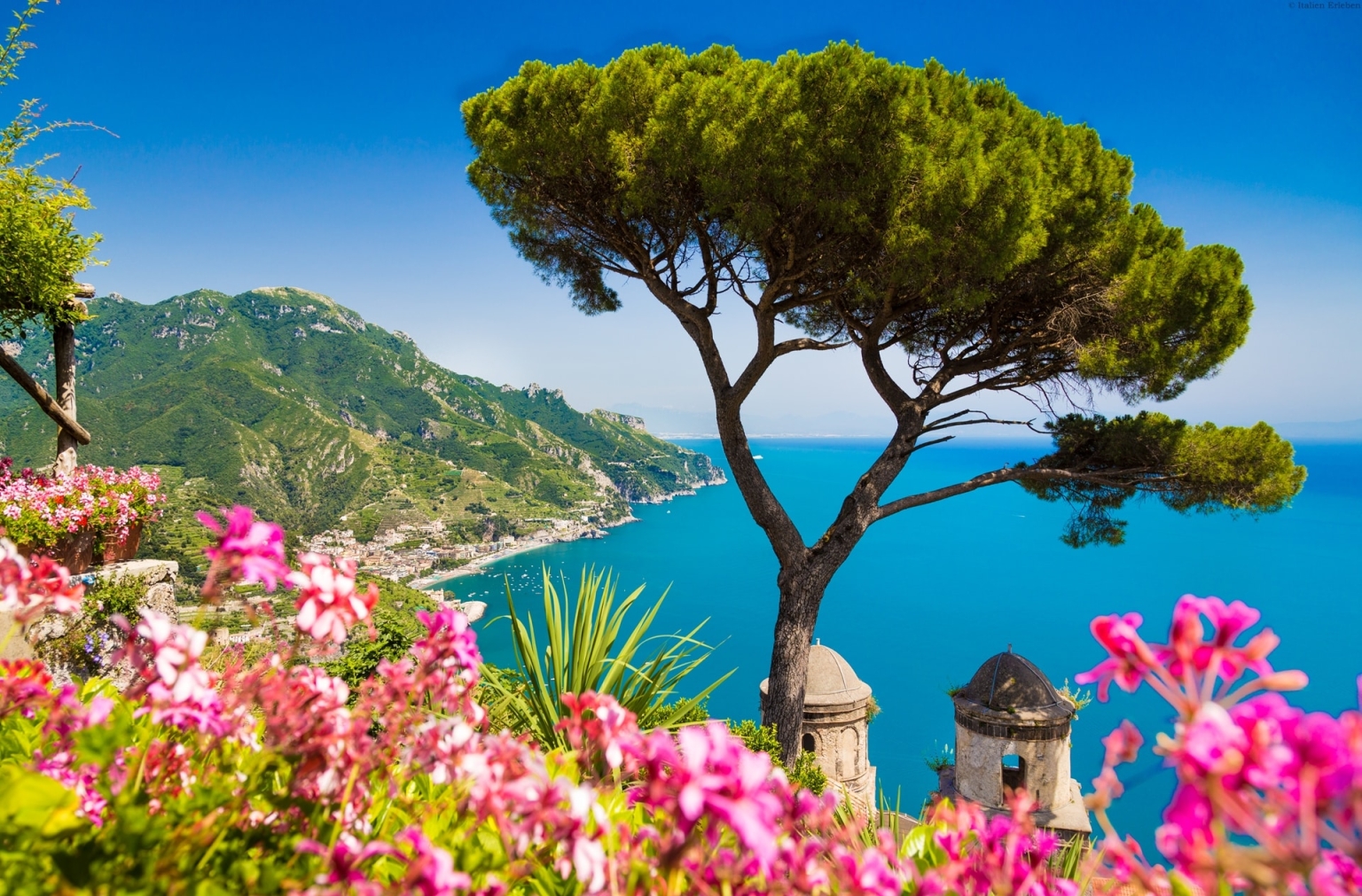 Kampanien Amalfiküste Ravello Villa Rufolo Blick rosa Blüten